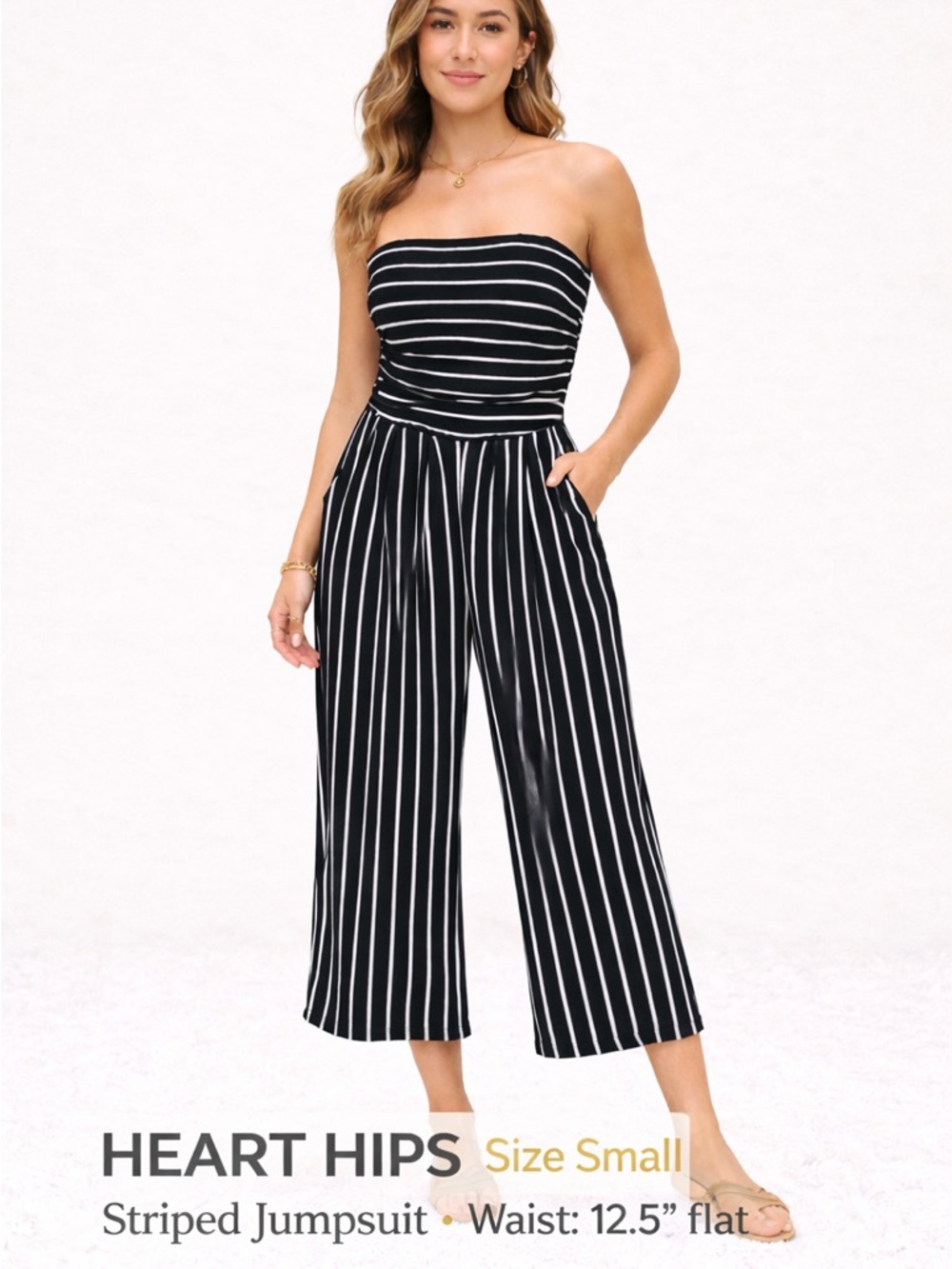 Heart Hips Black & White Strapless Vertical-Stripe Wide-Leg Jumpsuit NO FLAWS EX